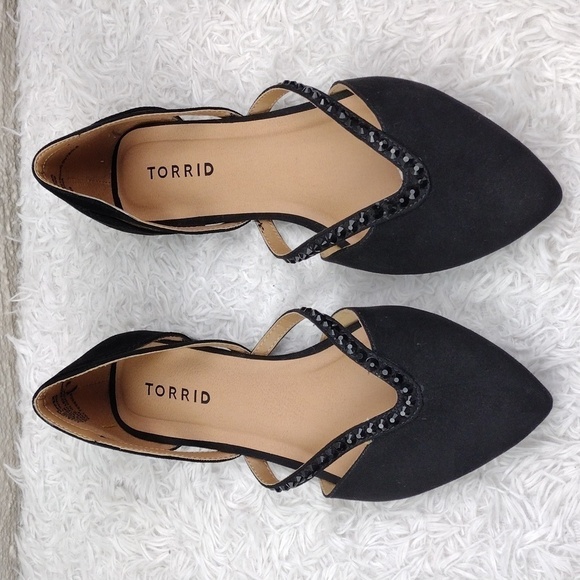 Torrid Black Fabric Embellished V-Strap Pointed Toe Slip On Flat Loafer… - Picture 2 of 14